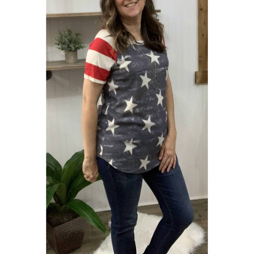 NEW LOVELY J women's american flag top in navy multi